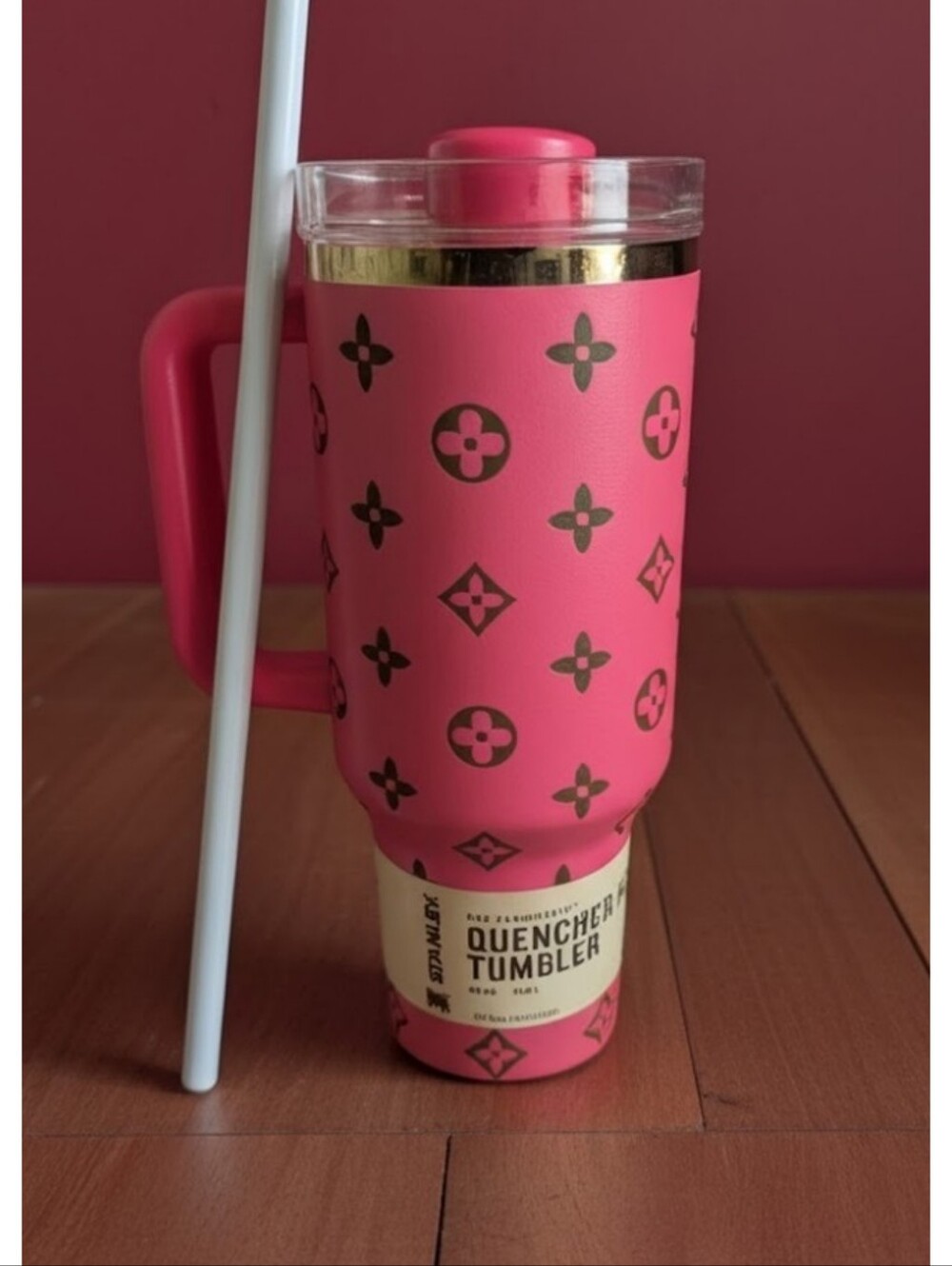 Stanley Pink Quencher Tumbler with Handle and Gold Accents